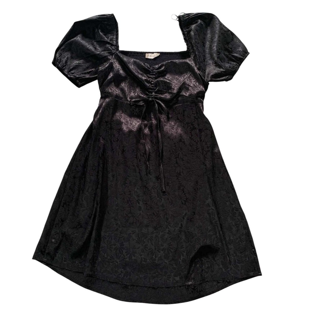 Altar'd State Mini Dress L Black Floral Jacquard Puff Sleeve Coquette Whimsigoth